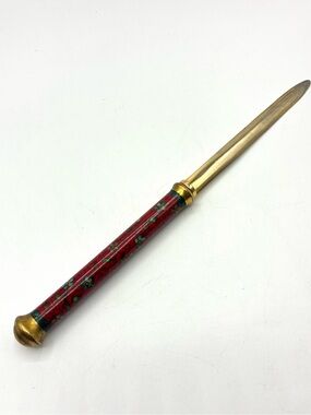 Vintage Cloisonne Brass Letter Opener Floral Red Handle
